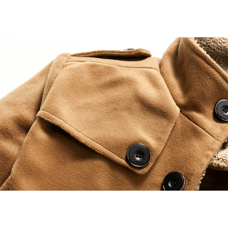 Mens Mid-Long Stand Collar Solid Color Epaulet Thick Fleece Single-Breasted Jacket Coats - MRSLM