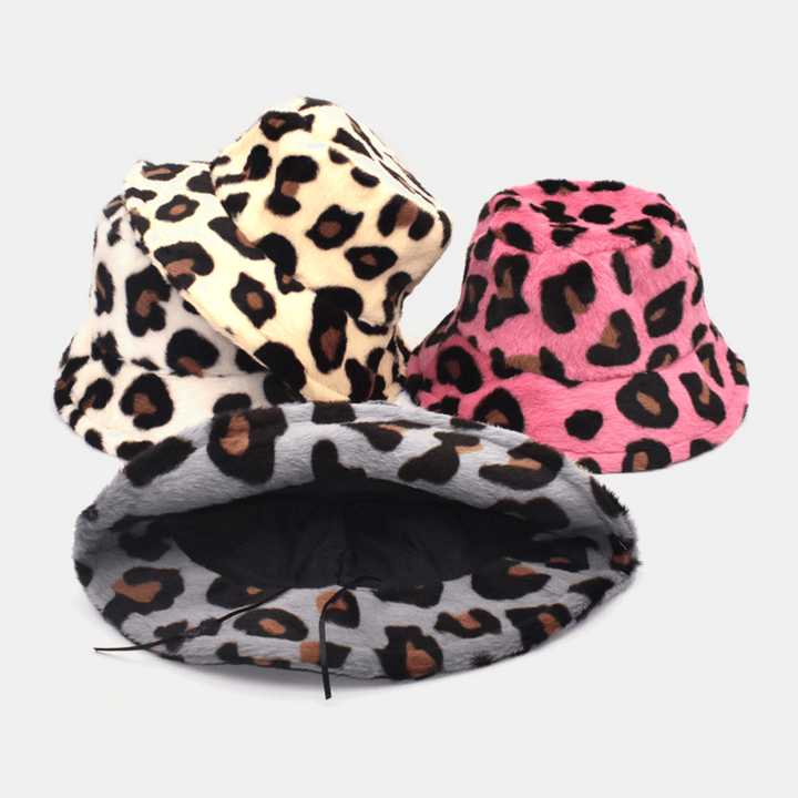 Unisex Plush Soft Warm Casual All-Match Cute Leopard Pattern Bucket Hat - MRSLM