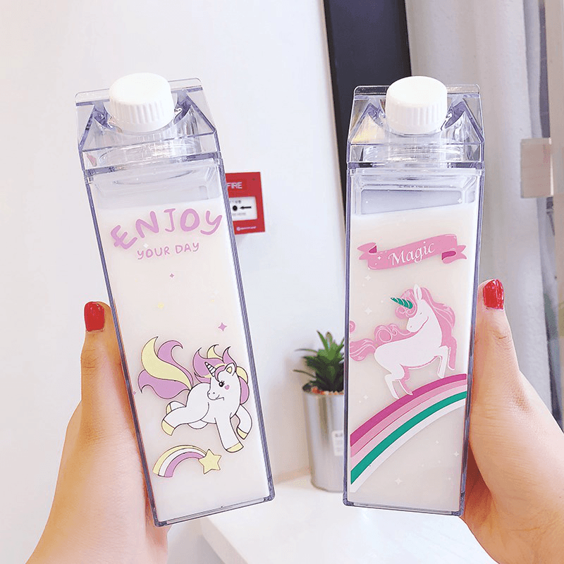 Portable Cup Novelty Milk Carton Shaped Cartoon Unicorn Printed Water Bottle - MRSLM