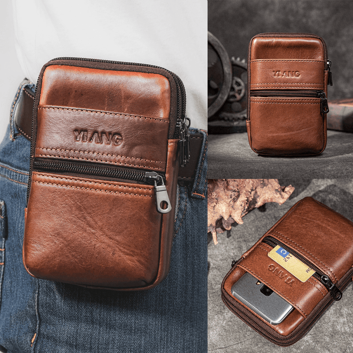 Men Genuine Leather Multi-Pocket Casual Waist Bag 6.3 Inch Phone Bag EDC Bag - MRSLM