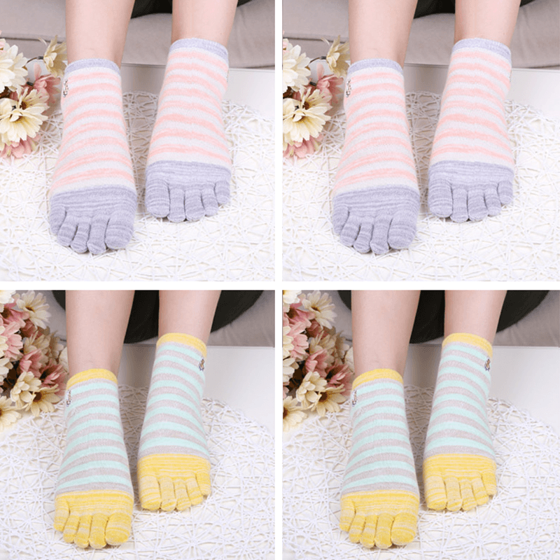 Ladies Five Toes Socks Cotton Striped 4-Pair Set Ankle Socks - MRSLM