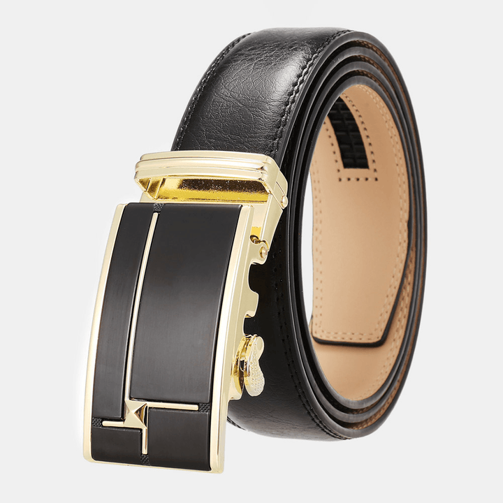 Men Genuine Leather Rectangular Alloy Automatic Buckle 3.5 CM Casual Business Wild Belt - MRSLM