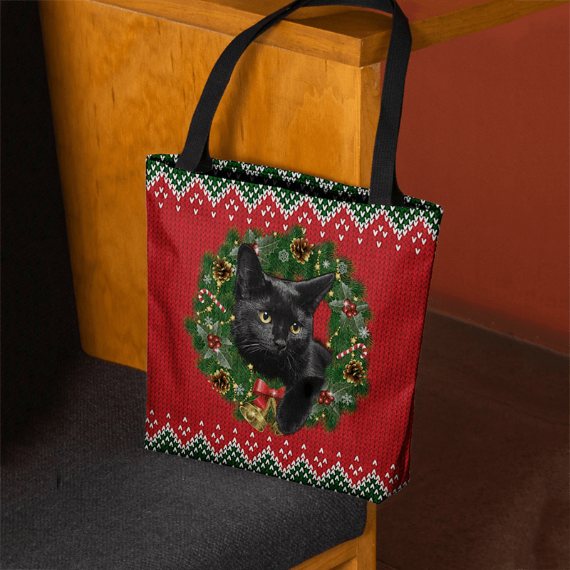 Women Felt Cartoon Festive Classic Color Christmas Wreath Cat Pattern Shoulder Bag Handbag Tote - MRSLM