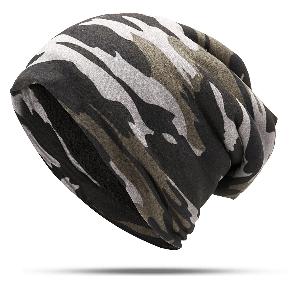 Mens Camouflage Winter plus Velvet Warm Slouchy Beanie Hat Casual plus Size Earmuffs Skull Cap - MRSLM