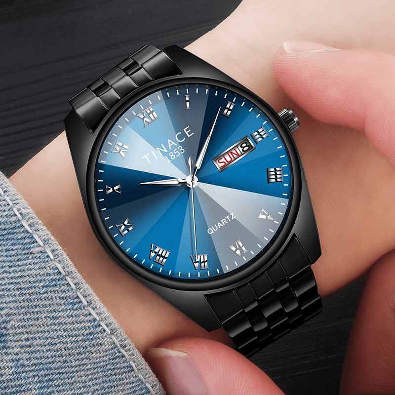 TINACE Men Luminous Display Fashion Blue Black Dial Day Week Display Stainless Steel Quartz Watch - MRSLM