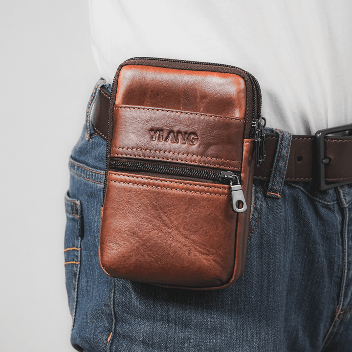 Men Genuine Leather Multi-Pocket Casual Waist Bag 6.3 Inch Phone Bag EDC Bag - MRSLM