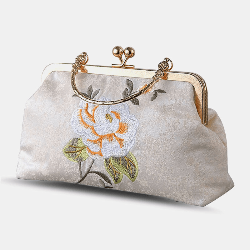 Women Elegant Chinese Style Flower Pattern Embroidery Handbag Exquisite Hardware Design Fine Texture Fabric Cheongsam Clutch Bag - MRSLM