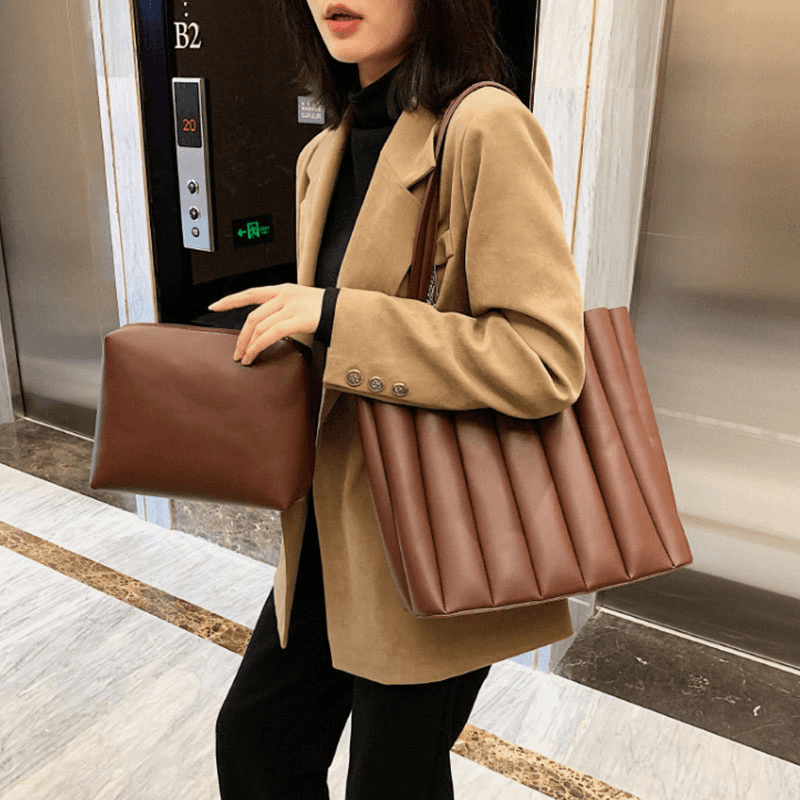 2 Pcs Women PU Leather Stripe Small Square Bag Large Capacity Ruched Bag Handbag Shoulder Bag - MRSLM