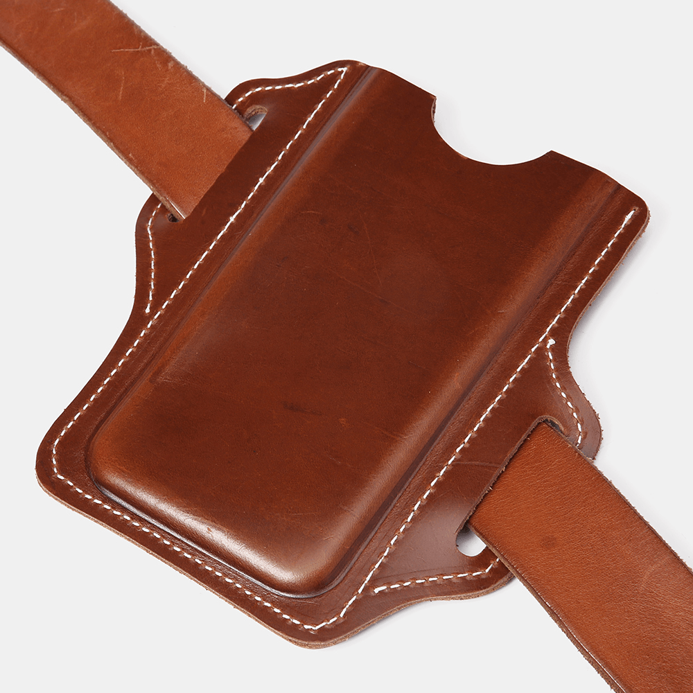 Men Genuine Leather Solid 6.3 Inch Phone Holder Waist Bag Belt Bag - MRSLM