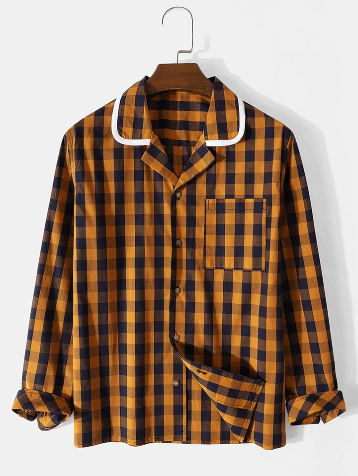 Mens Plaid Contrast Collar 100% Cotton Long Sleeve Shirts - MRSLM