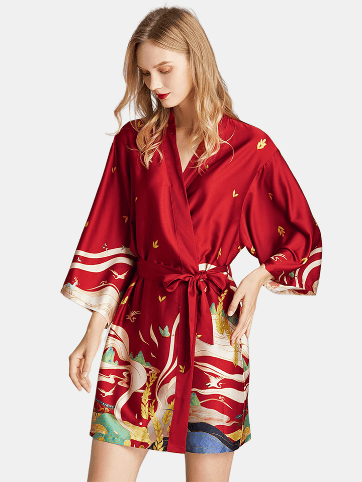 Summer V-Neck 3/4 Sleeve Printed Short Bathrobe Nightgown - MRSLM