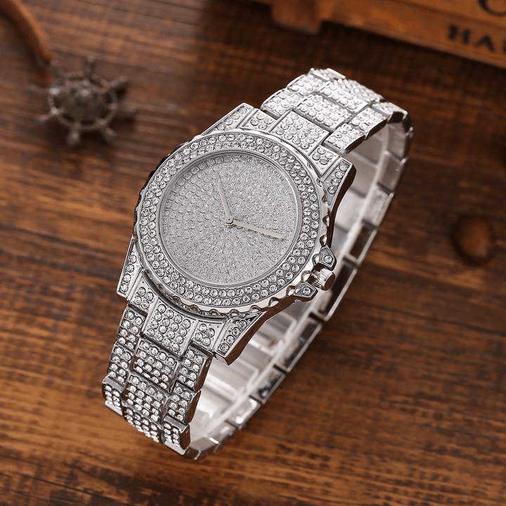 XSVO 3Pcs Full Diamond Steel Band Hip Hop Temperament Quartz Watch Rhinestone Bracelet Necklace Set - MRSLM