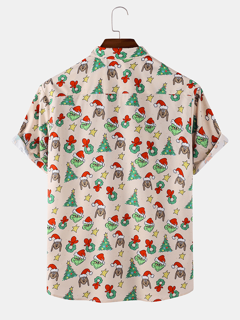 Mens Christmas Cartoon Print Turn down Collar Short Sleeve Shirts - MRSLM