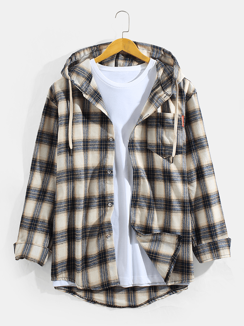 Mens Vintage Plaid Hooded Long Sleeve Shirts with Chest Pocket - MRSLM