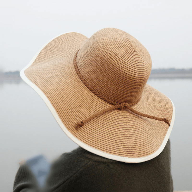 Women Summer Wide Birm Bucket Straw Hat Outdoor Travel Sunshade Visor Beach Hat - MRSLM