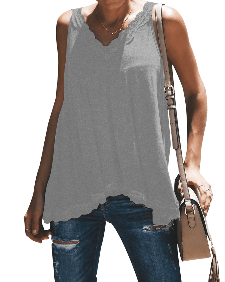 Casual Summer V-Neck Lace Patchwork Sleeveless Tank Top - MRSLM