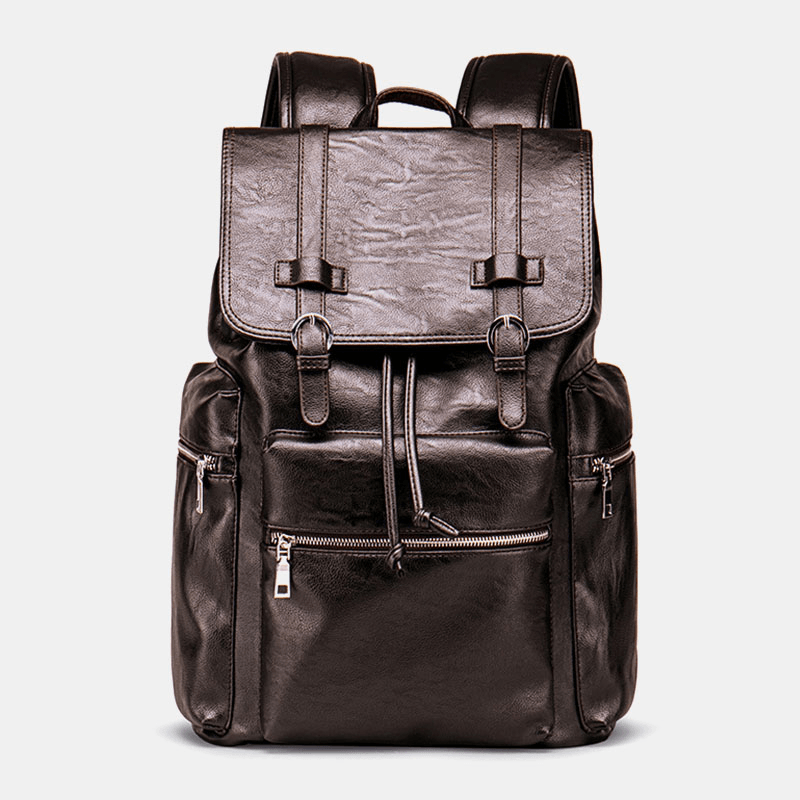 Men Faux Leather Large Capacity Business Casual 14 Inch Laptop Bag Travel Bag School Backpack - MRSLM