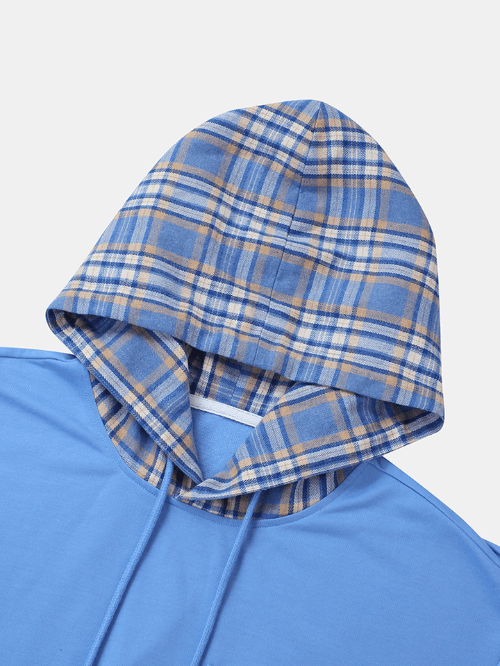 Mens Plaid Patchwork Chest Pocket Casual Drawstring Hoodies - MRSLM