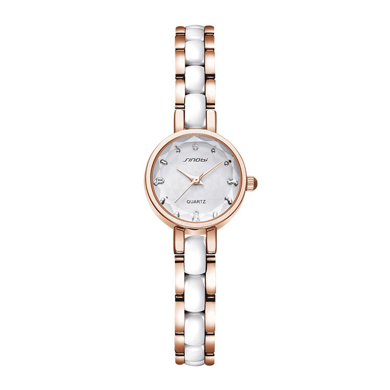 SINOBI 9836 Women Simple Three-Pin Crytal Diamonds Dial Fashion Ceramic Steel Strap Quartz Watch - MRSLM