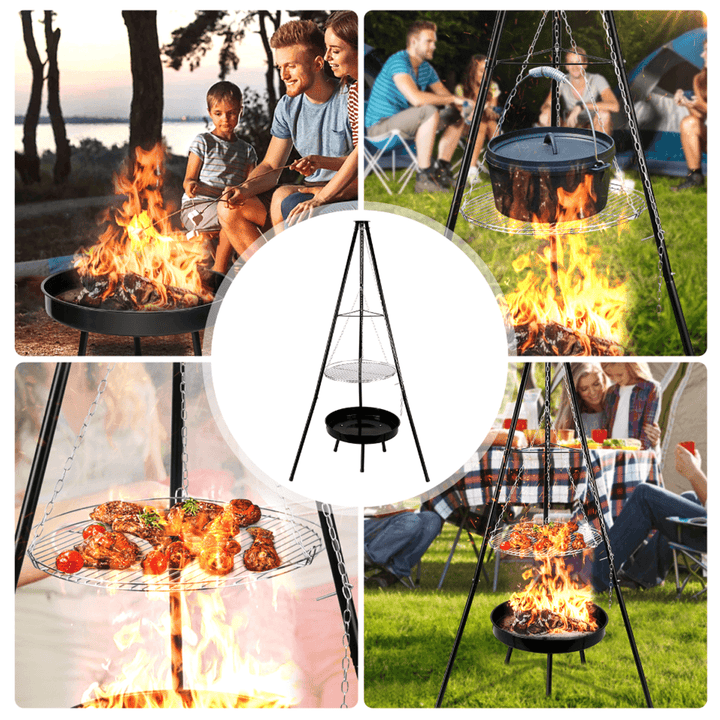 Ipree® 9 Pcs Hanging BBQ Grilling Adjustable Height Tripod Cookware Camping Family Picnic - MRSLM