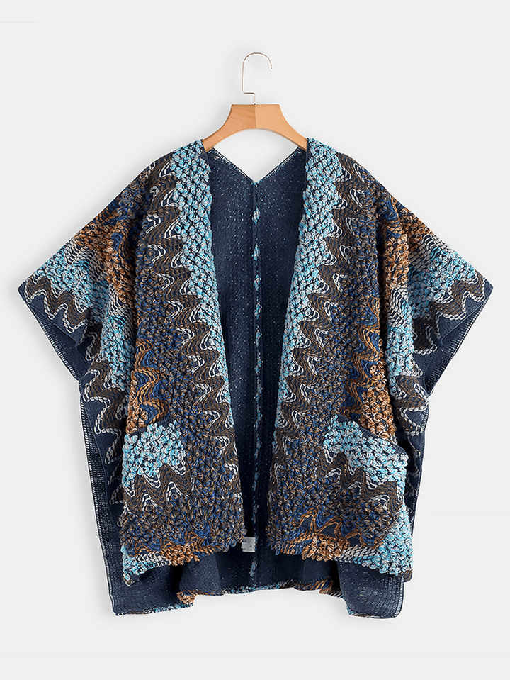 Women Printed Cardigan Shawl V-Neck Batwing Sleeve Sweaters with Pocket - MRSLM