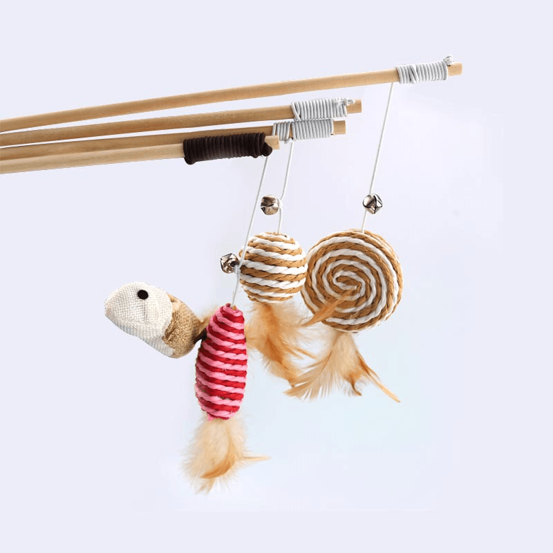 Wooden Pole Funny Cat Stick Feather Bell Interactive Toy Supplies - MRSLM