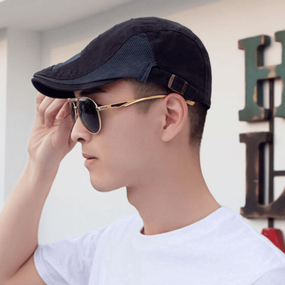 Men Cotton Mesh Breathable Casual Retro Sunshade Beret Cap Flat Hat Forward Hat - MRSLM