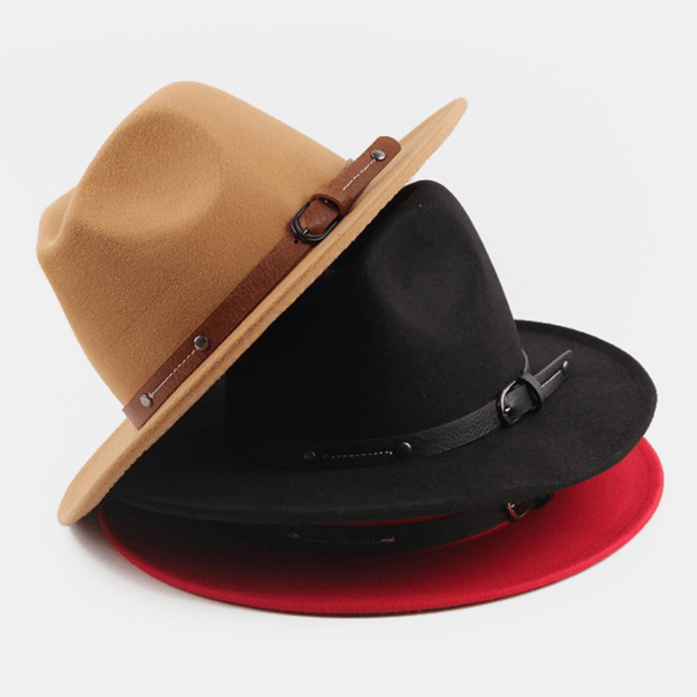 Unisex British Style Leather Belt Buckle Flat Brim Top Hat Fashion Outdoor Wide Brim Felt Hat - MRSLM