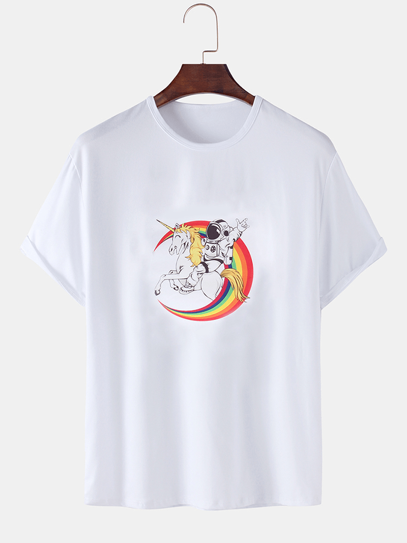 Mens 100% Cotton Astronaut Planet Print round Neck Casual Short Sleeve T-Shirts - MRSLM