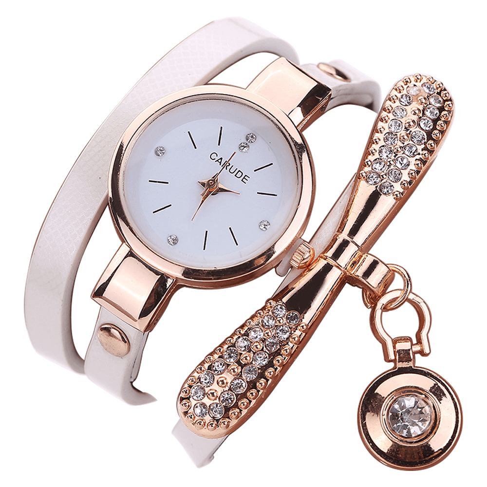 Retro Pu Strap Multi-Layer Lady Watch Metal Geometric Rhinestone Bow Pendant Women Quartz Watch - MRSLM