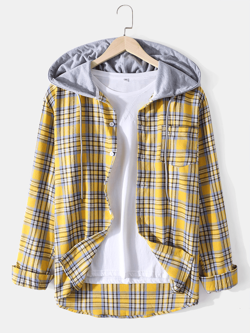 Colorful Plaid Print Chest Pocket Long Sleeve Cotton Hooded Shirts for Men - MRSLM