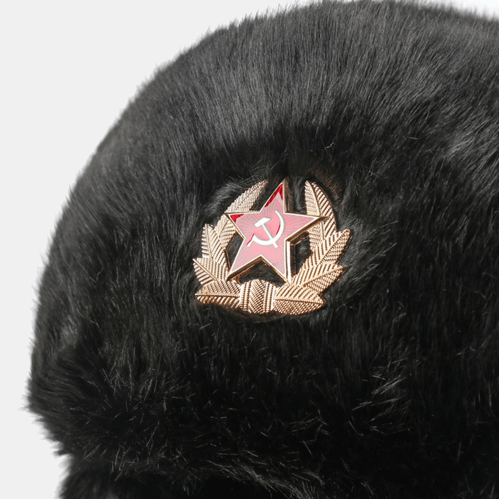 Men Plush Metal Badge Warm Windproof Ear Protection Trapper Hat Winter Outdoor Cold-Proof Ushanka Hat - MRSLM