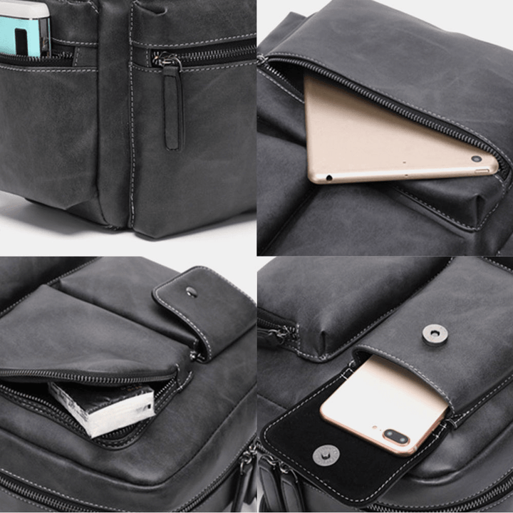 Men PU Leather Multi-Pocket Breathable Backpack Retro Large Capacity 14 Inch Laptop Bag - MRSLM