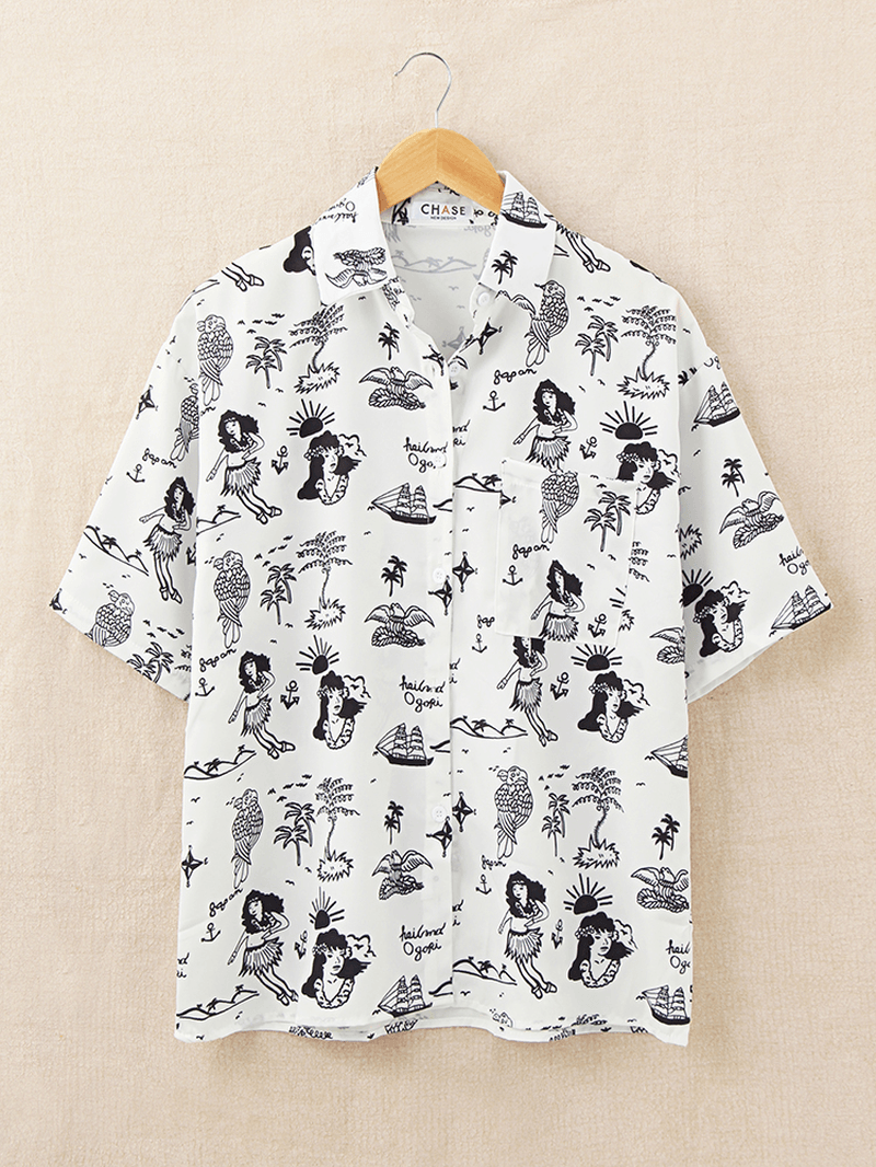 Women Funny Cartoon Printed Lapel Collar Loose Shirts - MRSLM