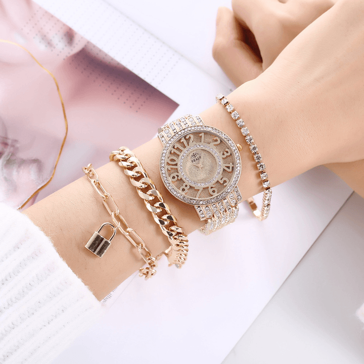 4 Pcs Fashion Alloy Stainless Steel Large Dial Steel Band Lady Quartz Watch Bracelet - MRSLM