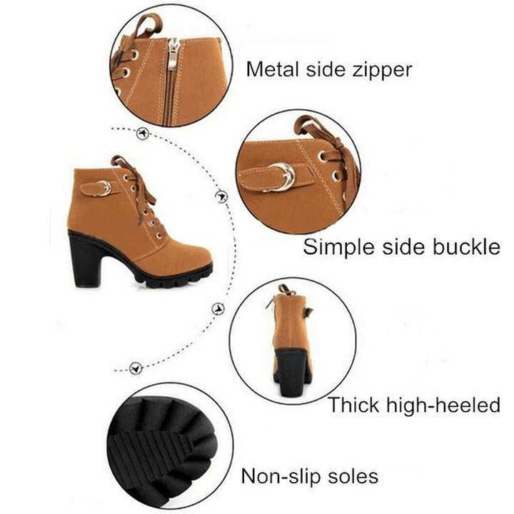 Women Girl High Top Heel Ankle Boots Winter Pumps Lace up Buckle Suede Shoes - MRSLM