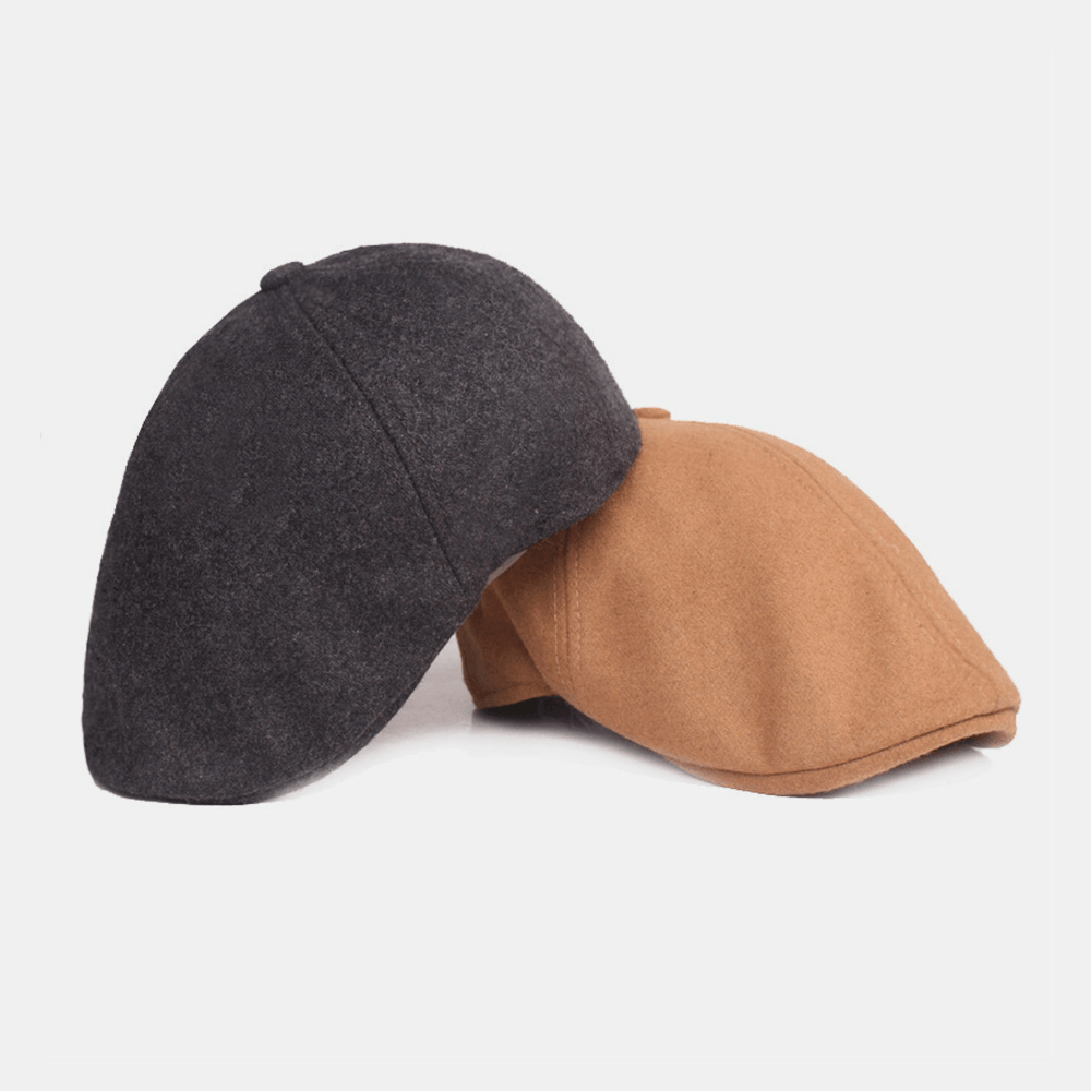 Men Woolen Berets Solid Color Adjustable Autumn Winter Warm Forward Hat Flat Hat Newsboy Hat - MRSLM