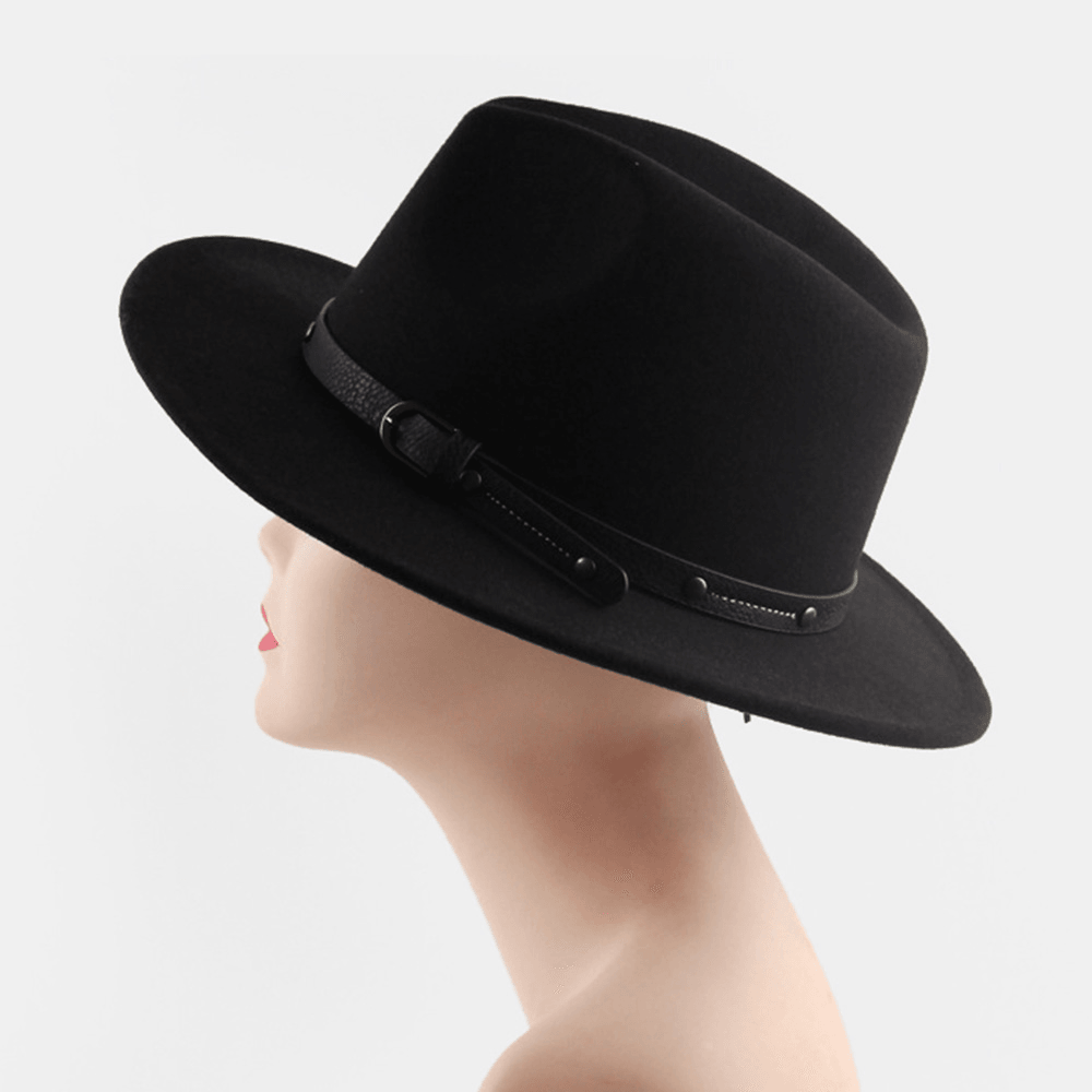 Unisex British Style Leather Belt Buckle Flat Brim Top Hat Fashion Outdoor Wide Brim Felt Hat - MRSLM