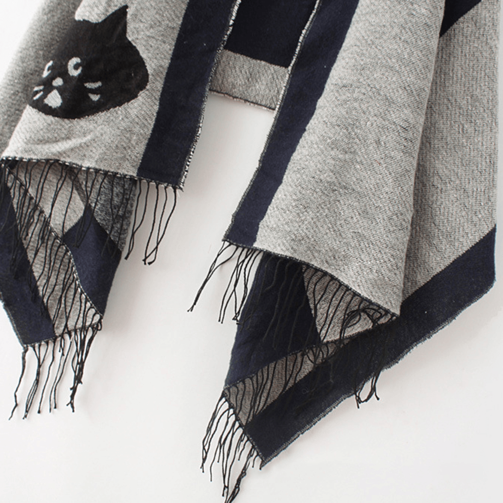 Thick Velvet Fringed Cat Pattern Scarf - MRSLM