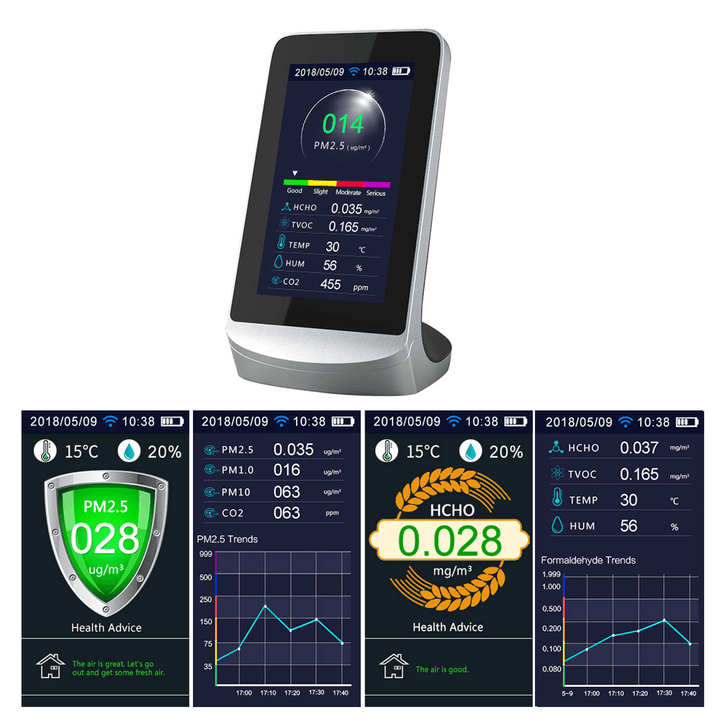 Dm72B-Wifi Air Quality Detector WIFI Infrared Carbon Dioxide CO2 Dust PM2.5 PM1.0 PM10 HCHO TVOC Detectors Instrument Compatible with Tuya - MRSLM