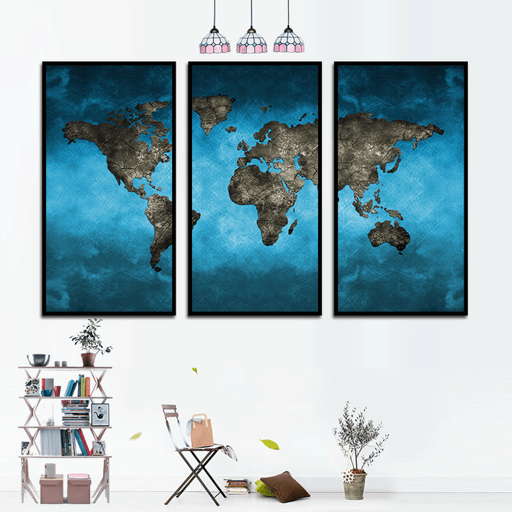 Miico Hand Painted Three Combination Decorative Paintings Continental Map Wall Art for Home Decoration - MRSLM