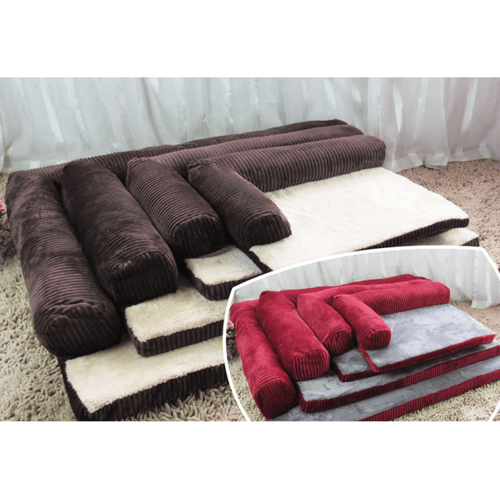 Luxury Corduroy Bolster Pet Dog Sofa Bed Puppy Fleece Bed Mat for Large Dog Pet Bed - MRSLM