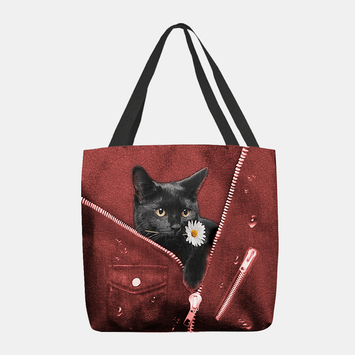 Women Canvas Cute Three-Dimensional 3D Black Cat with Flower Pattern Shoulder Bag Handbag Tote - MRSLM