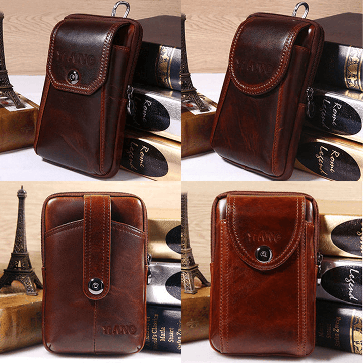 Men Genuine Leather Retro Multifunction 6 Inch Phone Bag Crossbody Bag Waist Bag - MRSLM