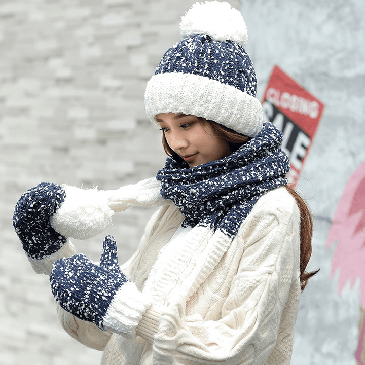 Women Girls Christmas Knit Snow Hat Gloves Scarf Winter Warm Trend Three-Piece Set - MRSLM