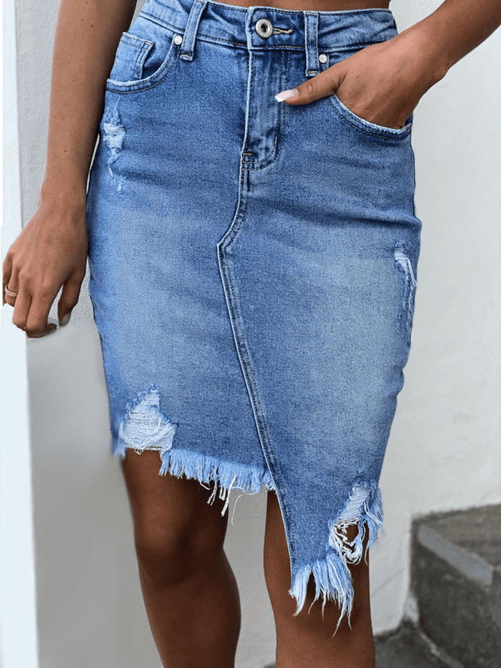 Women Pocket Irregular Hem High Waist Ripped Denim Skirts - MRSLM