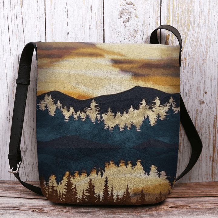 Women Felt Mountain Treetop Print Pattern Casual Outdoor Shoulder Bag Crossbody Bag - MRSLM