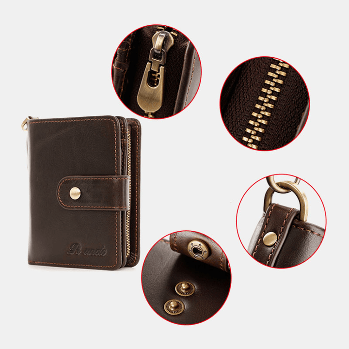 Men Genuine Leather Multi-Card Slot Anti-Theft RFID Card Holder Zipper Chain Wallet - MRSLM