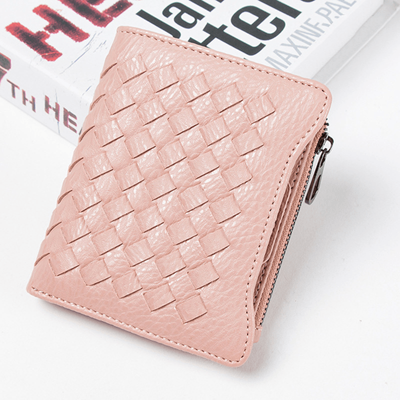 Women PU Leather Woven Pattern Short Wallet Credit Card Holder Coins Bag - MRSLM