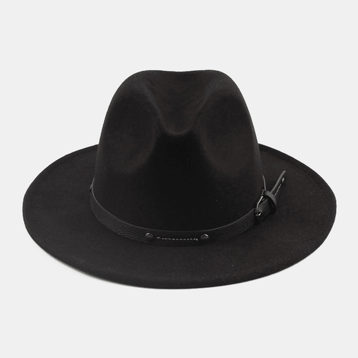 Unisex British Style Leather Belt Buckle Flat Brim Top Hat Fashion Outdoor Wide Brim Felt Hat - MRSLM